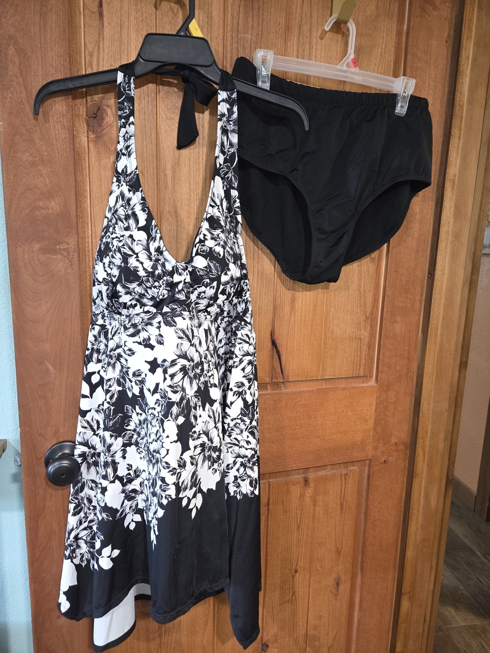 Women's Black & White Floral Halter Swim Dress with Black Bikini Bottoms